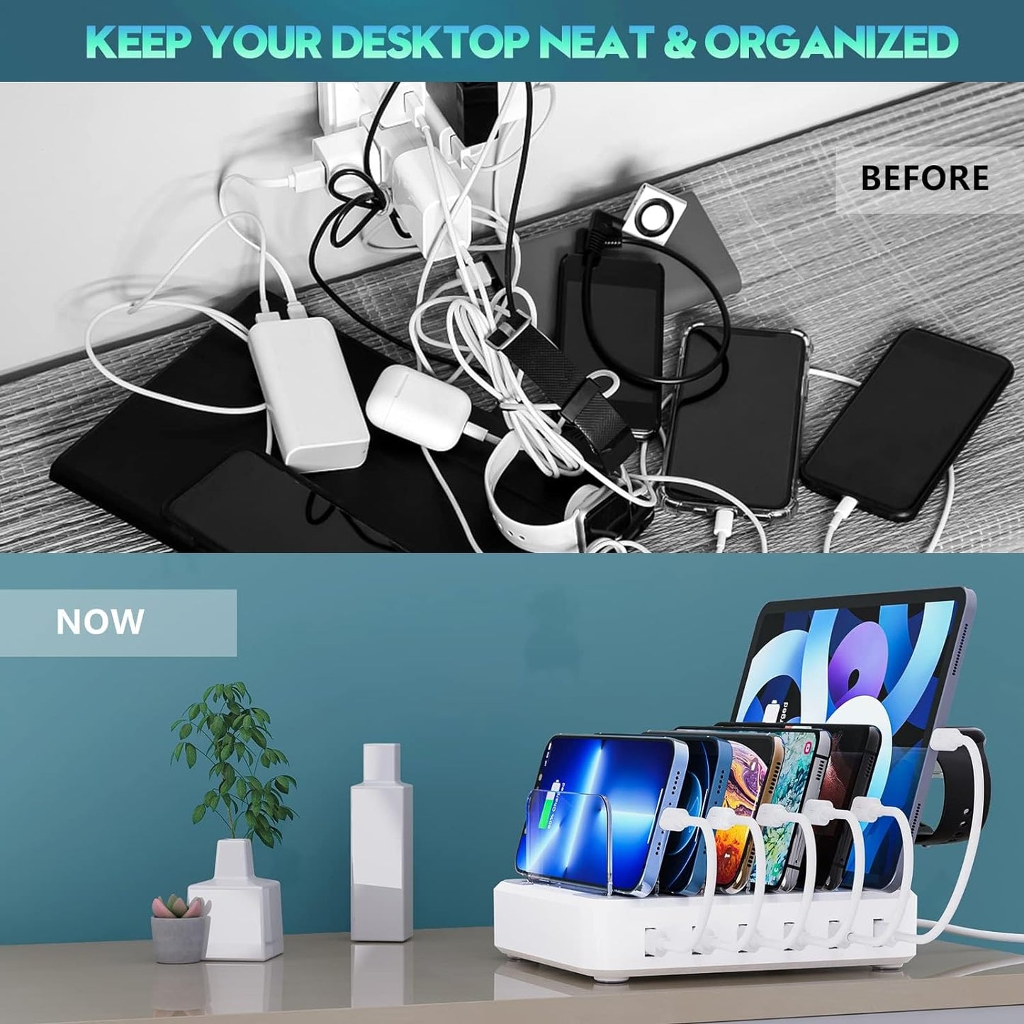 Six Port Charging Station with Smart Current Detection and Adjustable Dividers