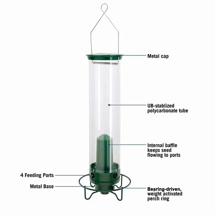 Bird Feeder with Weight-Activated Spinning Perch and Four Feeding Ports