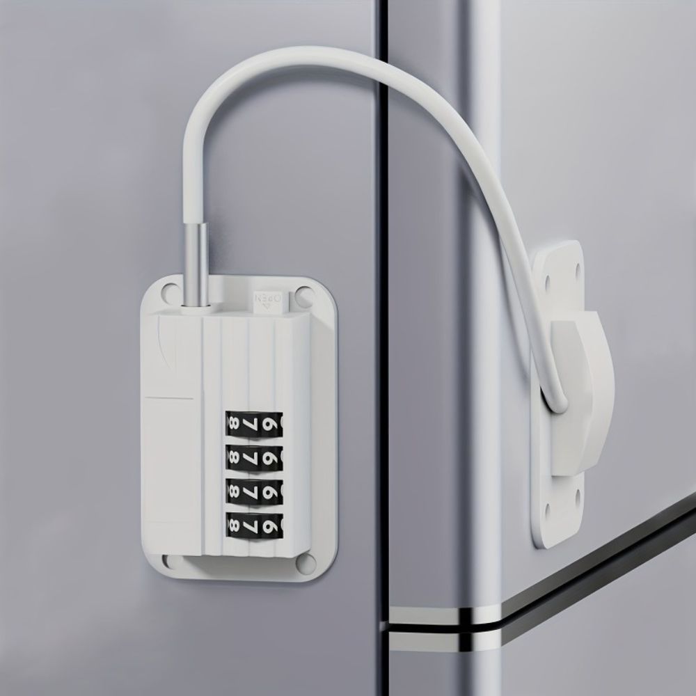Password Protected Refrigerator Lock with Adjustable Strap and Adhesive Installation