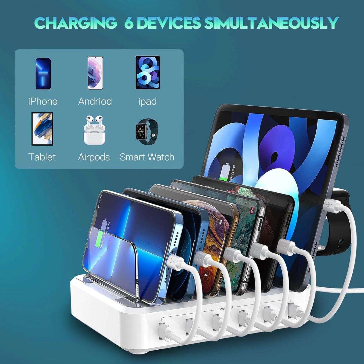 Six Port Charging Station with Smart Current Detection and Adjustable Dividers