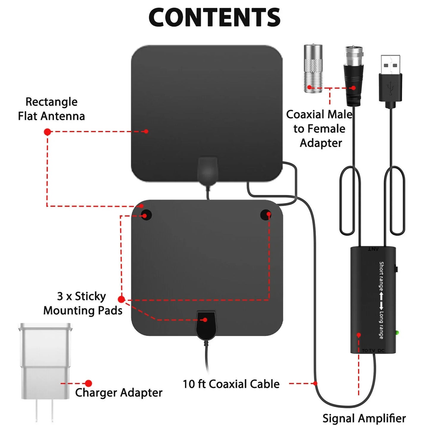 Indoor TV Antenna with 37dB Signal Amplifier and 10ft Coaxial Cable for 4K TVs