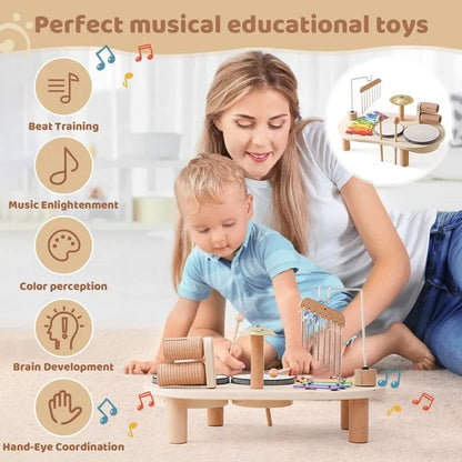 Wooden Music Station with Five Instruments and Xylophone for Toddlers Ages 2-6