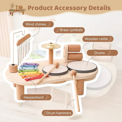Wooden Music Station with Five Instruments and Xylophone for Toddlers Ages 2-6