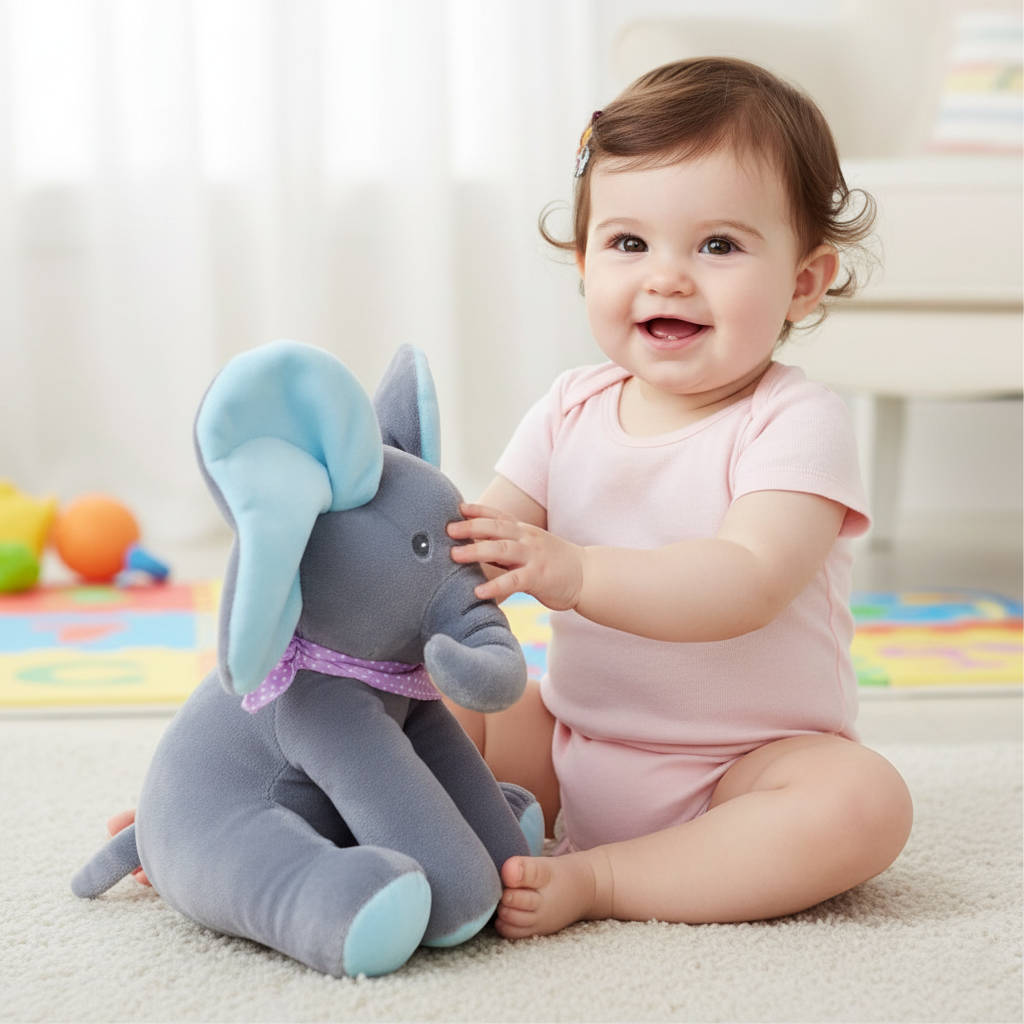 Interactive Plush Elephant with Peekaboo Mode and Singing Feature, Moving Ears