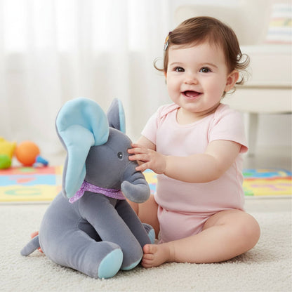 Interactive Plush Elephant with Peekaboo Mode and Singing Feature, Moving Ears