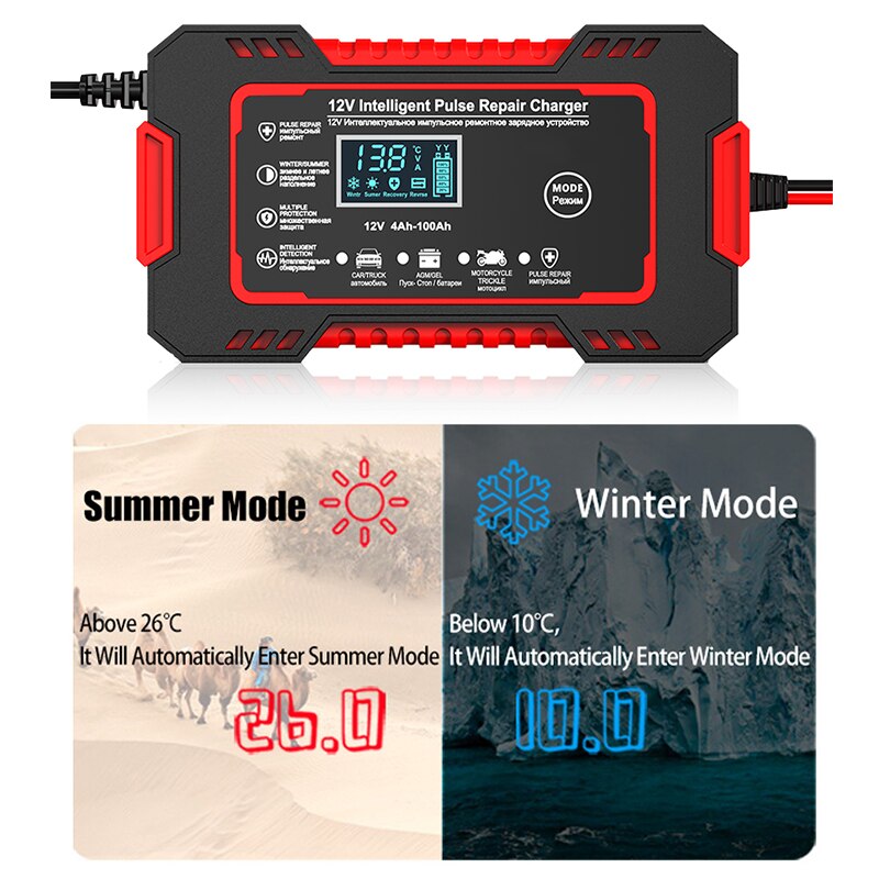 12V Pulse Repair Battery Charger with 6A Output and LCD Display