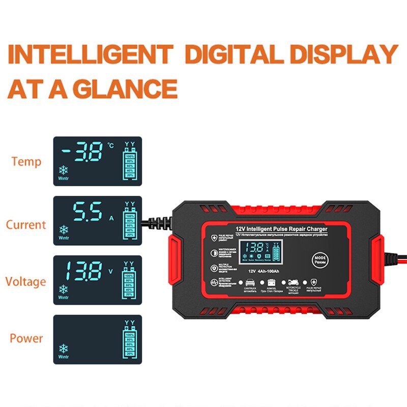 12V Pulse Repair Battery Charger with 6A Output and LCD Display