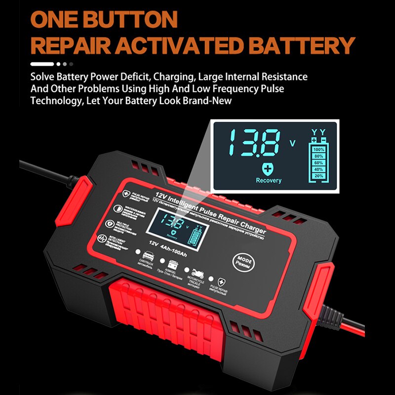 12V Pulse Repair Battery Charger with 6A Output and LCD Display