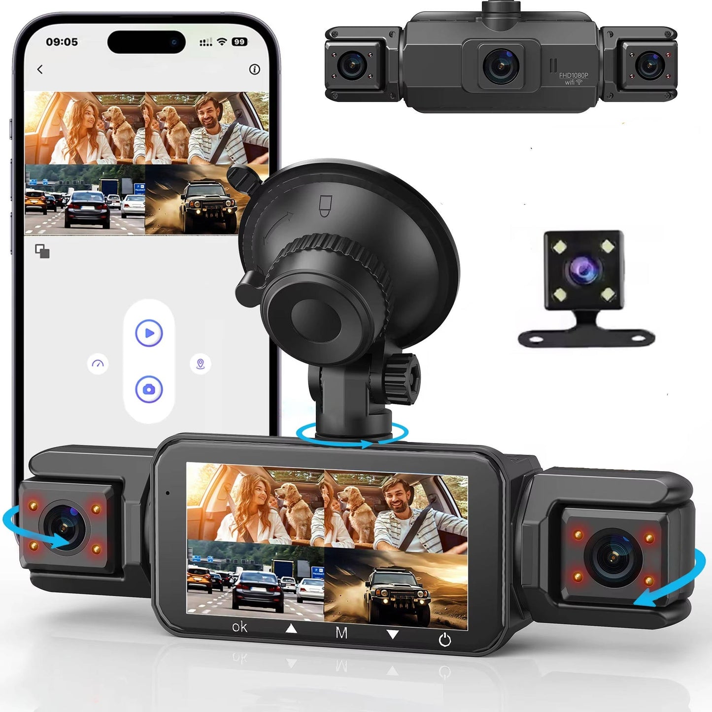 Four-Camera Dash Cam with Infrared Night Vision and Wireless App Control