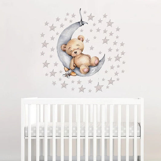 Adorable Cartoon Teddy Bear Sleeping on Moon & Stars Wall Stickers: Perfect Baby Room Decor