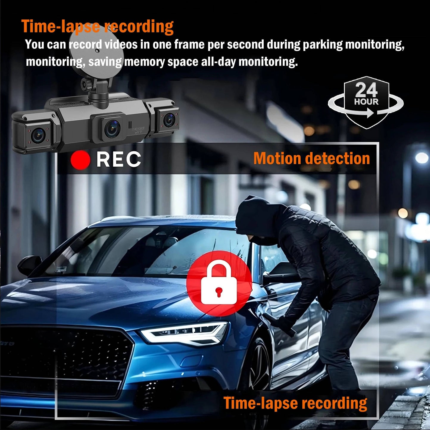 Four-Camera Dash Cam with Infrared Night Vision and Wireless App Control