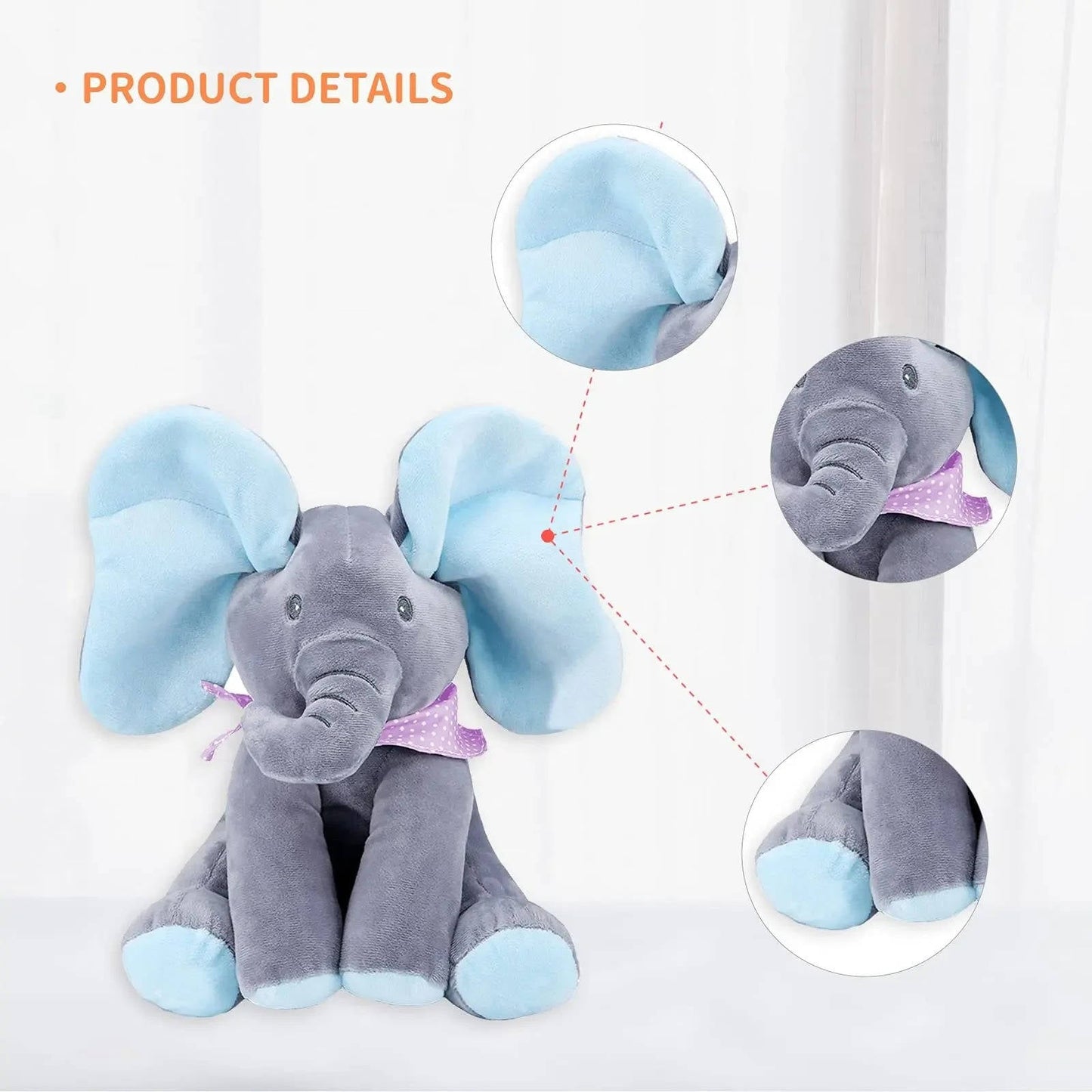 Interactive Plush Elephant with Peekaboo Mode and Singing Feature, Moving Ears
