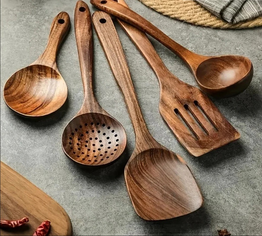 Teak Wood Utensil Set with Nonstick Pan Protection and Heat Resistant Handles