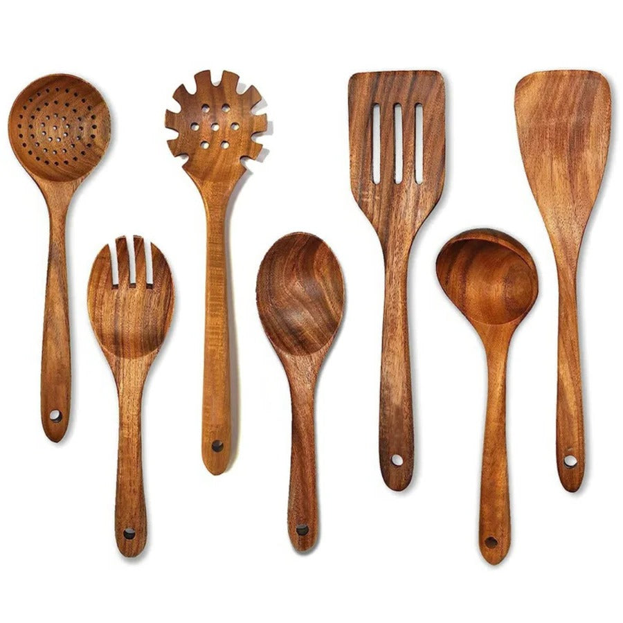 Teak Wood Utensil Set with Nonstick Pan Protection and Heat Resistant Handles