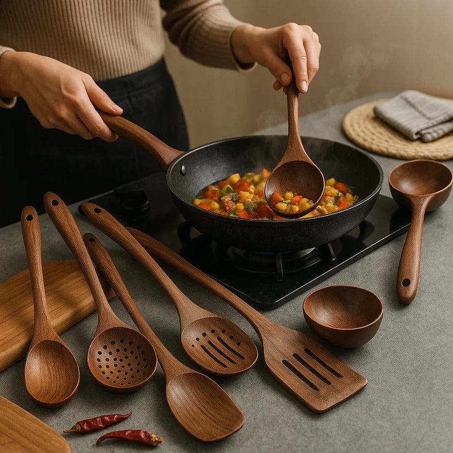 Teak Wood Utensil Set with Nonstick Pan Protection and Heat Resistant Handles