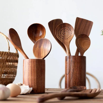 Teak Wood Utensil Set with Nonstick Pan Protection and Heat Resistant Handles