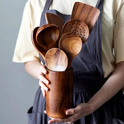 Teak Wood Utensil Set with Nonstick Pan Protection and Heat Resistant Handles