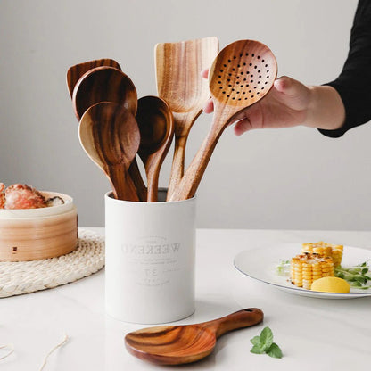 Teak Wood Utensil Set with Nonstick Pan Protection and Heat Resistant Handles