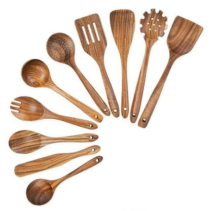 Teak Wood Utensil Set with Nonstick Pan Protection and Heat Resistant Handles