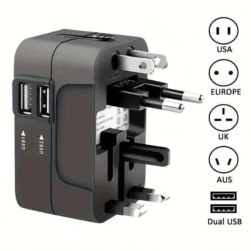 Universal Travel Adapter with Dual USB Ports, 110V-220V Compatible