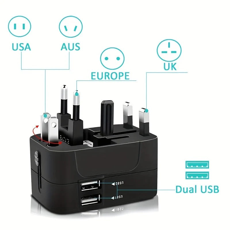 Universal Travel Adapter with Dual USB Ports, 110V-220V Compatible