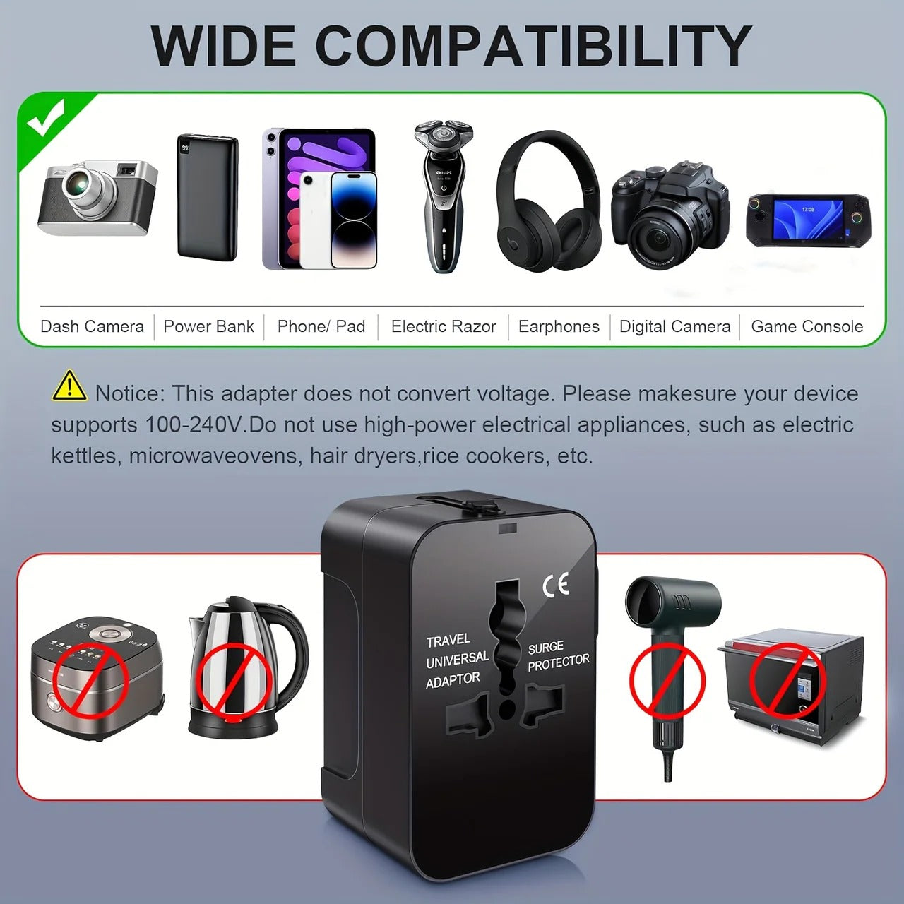 Universal Travel Adapter with Dual USB Ports, 110V-220V Compatible