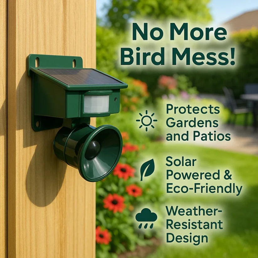 Solar Powered Bird Repeller with Motion Sensor and Adjustable Sound Deterrent