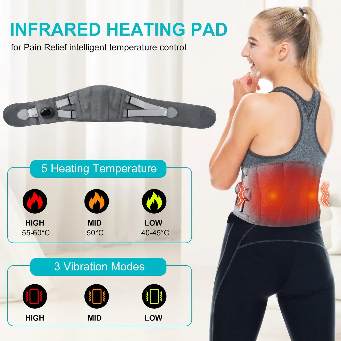 Cordless Lower Back Massager with Infrared Heat and Red Light Therapy, 5 Temperature Levels